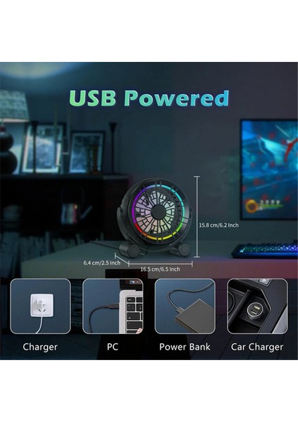 Masaüstü Kullanışlı USB Küçük Fan LED Aydınlatma 3 Hız 360° Dönüş Güç Kaynağı Düşük Gürültü ve Sessiz (Yurt Dışından)