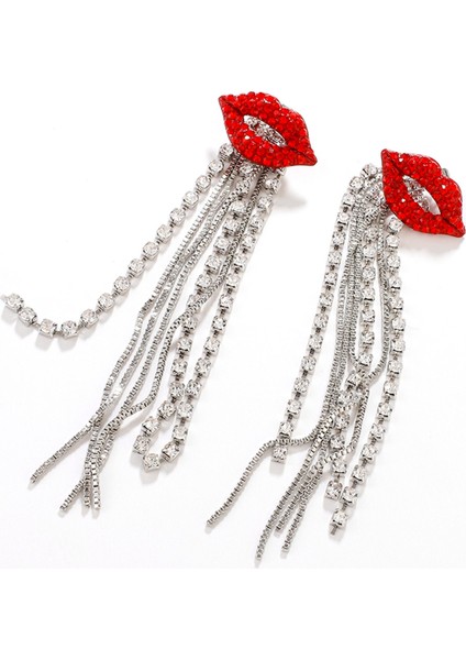Trendy Parlak Tam Kristal Kırmızı Dudak Uzun Püskül Damla Küpe Vintage Rhinestone Zincir Küpe Kadınlar Için Parti Takı (Yurt Dışından)