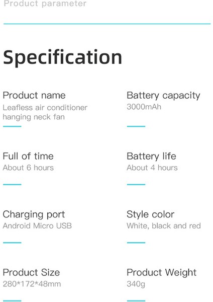 Bladeless Boyun Fanı, 360° Soğutma Eller Serbest Spor 3000MAH USB Şarj Edilebilir Mini Kişisel Hava Soğutucu-Siyah&kırmızı (Yurt Dışından)