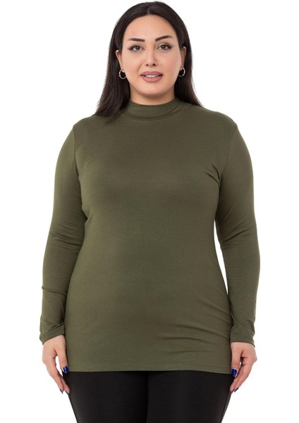 Büyük Beden Yarım Balıkçı Uzun Kollu Viskon Haki Body