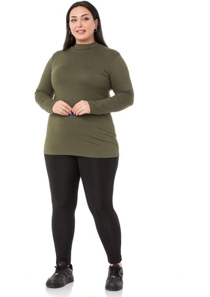 Büyük Beden Yarım Balıkçı Uzun Kollu Viskon Haki Body
