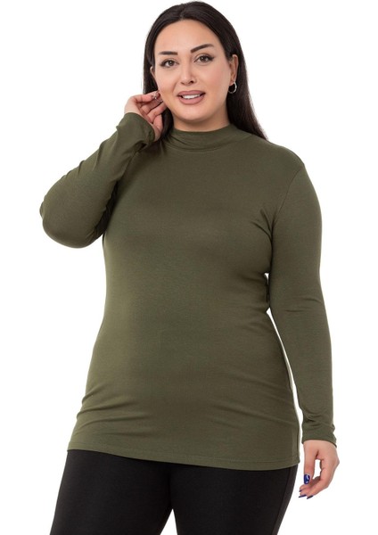 Büyük Beden Yarım Balıkçı Uzun Kollu Viskon Haki Body