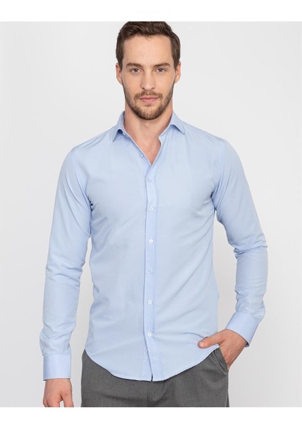 Slim Fit Düz Mavi Erkek Gömlek