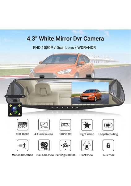 Dashcam Beyaz Ayna Dvr 4.3 Inç Araç Kamerası Fhd 1080P Otomatik Kayıt Kuruluşu Desteği Dikiz Kamera Video Kaydedici (Yurt Dışından) fırsatları