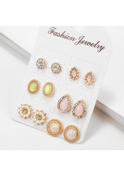 Moda Basit Su Damlası Pembe Çiçek Opal Renk Küpe Küpe Seti Altı Set (Yurt Dışından)