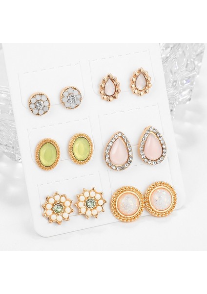 Moda Basit Su Damlası Pembe Çiçek Opal Renk Küpe Küpe Seti Altı Set (Yurt Dışından)
