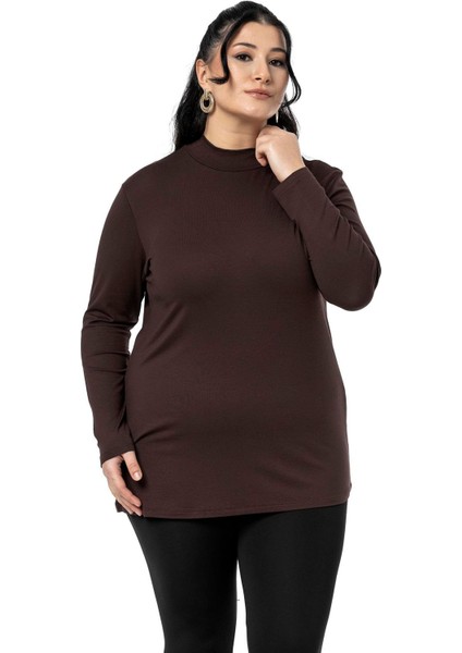 Büyük Beden Yarım Balıkçı Uzun Kollu Viskon Kahverengi Body