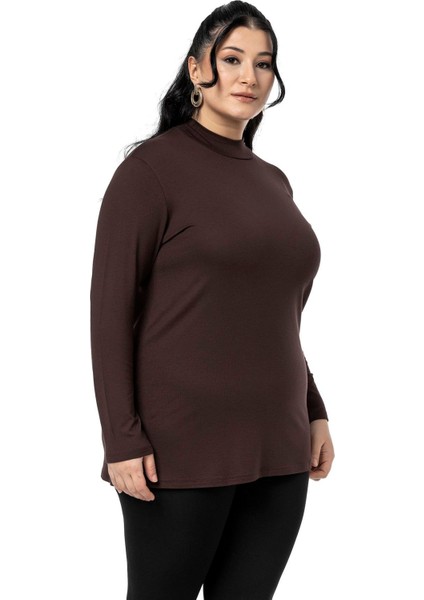 Büyük Beden Yarım Balıkçı Uzun Kollu Viskon Kahverengi Body fırsatları