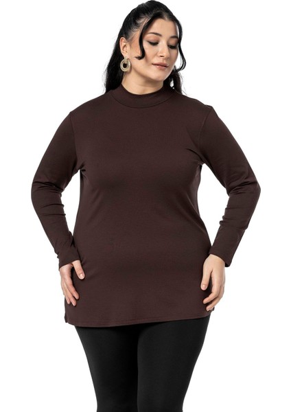 Büyük Beden Yarım Balıkçı Uzun Kollu Viskon Kahverengi Body indirimleri