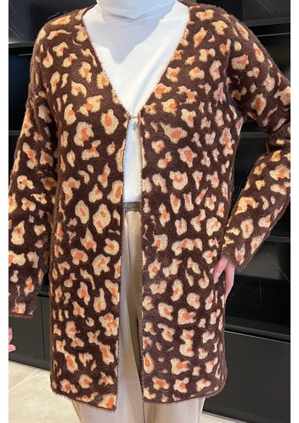 Leopar Desenli Sakallı Tesettür Triko Hırka
