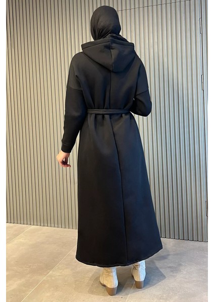 Kapüşonlu Üç Iplik Şardonlu Kuşaklı Tesettür Elbise fırsatları