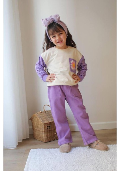 Örgü Kollu Gabardin Pantolon Kız Çocuk takım - Lila