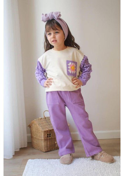 Örgü Kollu Gabardin Pantolon Kız Çocuk takım - Lila modelleri