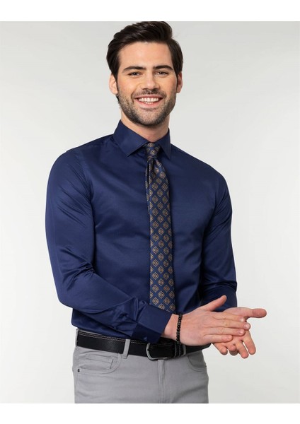 Slim Fit Düz Lacivert Erkek Gömlek