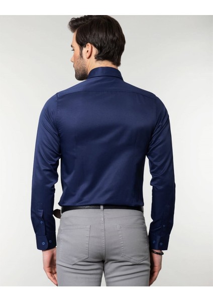 Slim Fit Düz Lacivert Erkek Gömlek modelleri