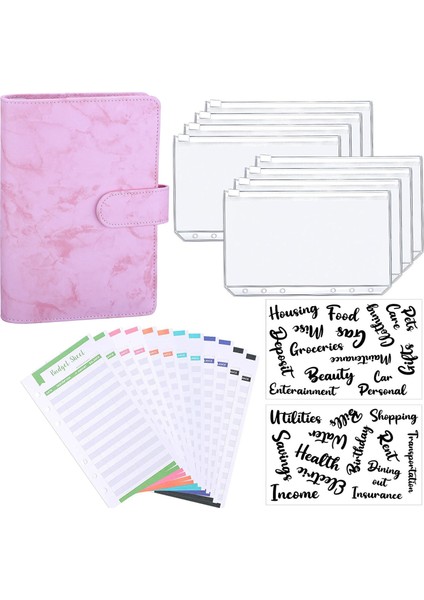 A6 Pembe Mermer Tarzı A6 Pu Deri Kapak Defter Bütçe Planlayıcı Organizatör, 8 Halkalı Cep, 12 Adet Gider Bütçe Sayfası Ve Alfabe Çıkartması (Yurt Dışından)