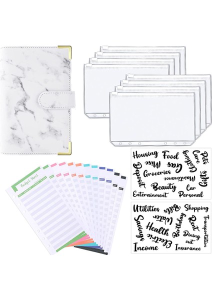 A6 Mermer Beyaz Tarzı A6 Pu Deri Kapak Defter Bütçe Planlayıcı Organizatör, 8 Halkalı Cep, 12 Adet Gider Bütçe Sayfası Ve Alfabe Çıkartması (Yurt Dışından)