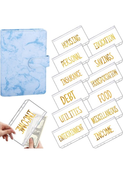 Mavi Mermer Tarzı A6 Pu Deri Cüzdan Bütçe Nakit Zarfları Kişisel Organizer 12 Dosyalı Fermuarlı Cüzdanlar Için Fatura Planlayıcı, Para Biriktirme (Yurt Dışından)