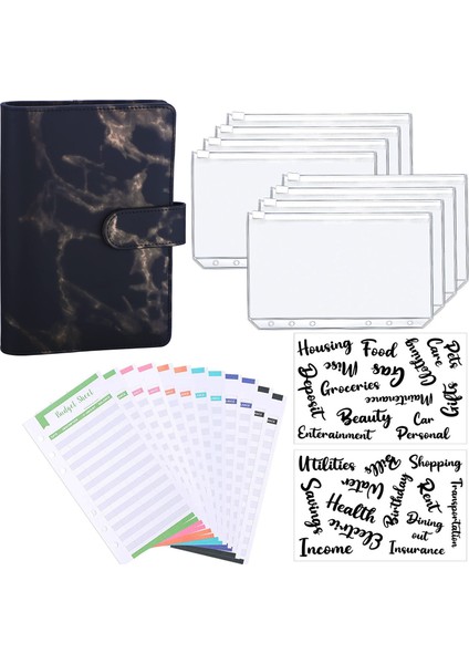 A6 Siyah Mermer Tarzı A6 Pu Deri Kapak Defter Bütçe Planlayıcı Organizatör, 8 Halkalı Cep, 12 Adet Gider Bütçe Sayfası Ve Alfabe Çıkartması (Yurt Dışından)