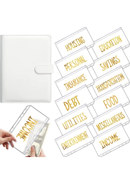 Beyaz Stil A6 Pu Deri Cüzdan Bütçe Nakit Zarfları Kişisel Organizer 12 Dosyalı Fermuarlı Cüzdanlar Için Fatura Planlayıcı, Para Biriktirme (Yurt Dışından)