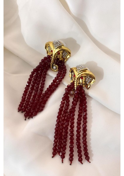 Elephas Bordo Kristal Boncuk Sallantılı Kadın Küpe