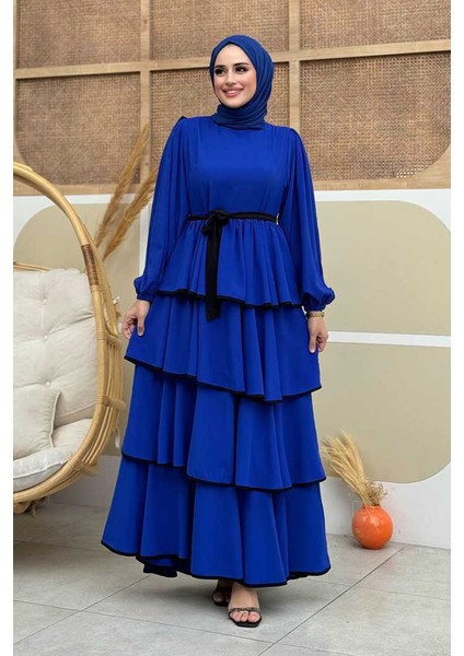 Bel Kuşaklı Kat Detay Elbise 6029 Saks