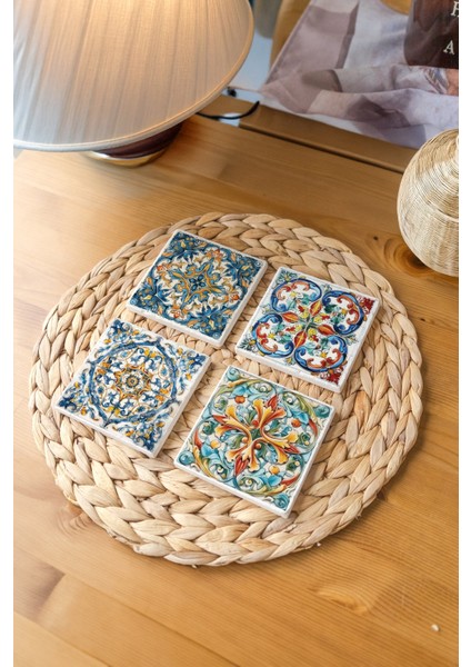 Otantik Tasarımlar Dekoratif Taş Bardak Altlığı Italyan Mermeri Deseni- 4'lü Seti