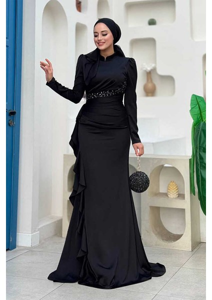 7011 Fırfır Detay Abiye Siyah