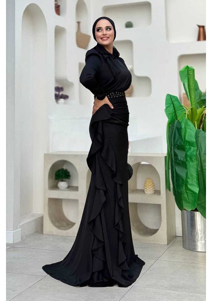 7011 Fırfır Detay Abiye Siyah modelleri