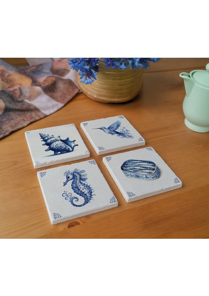 Deniz Canlıları Temalı Taş Bardak Altlığı - 4'lü Set