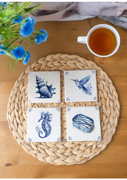 Deniz Canlıları Temalı Taş Bardak Altlığı - 4'lü Set fiyatları