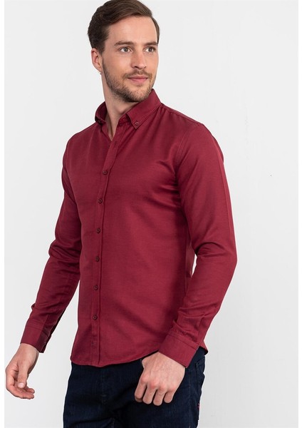 Slim Fit Düz bordo Erkek Gömlek