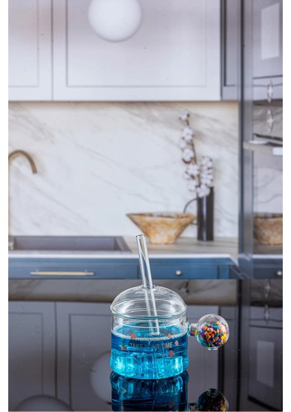 Renkli Kulplu Cam Pipetli Büyük Boy Bardak 500ML