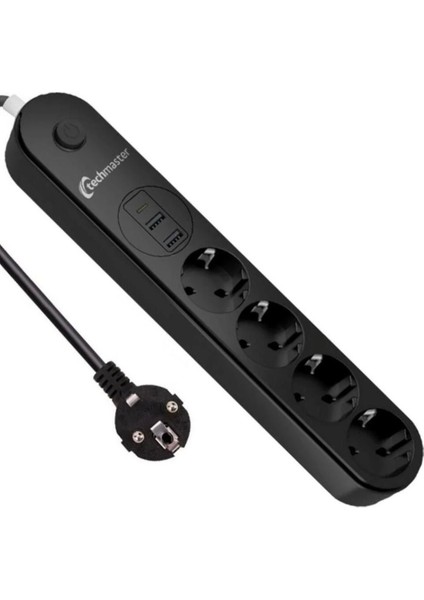 USB Type-C Akım Çocuk Korumalı 4lü Priz 2mt Siyah