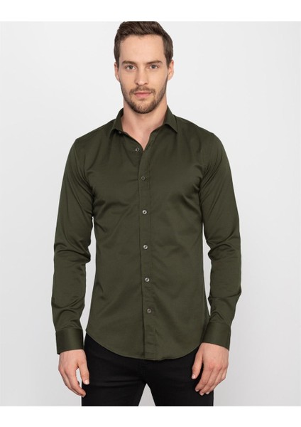 Slim Fit Likralı Düz saten Erkek Gömlek