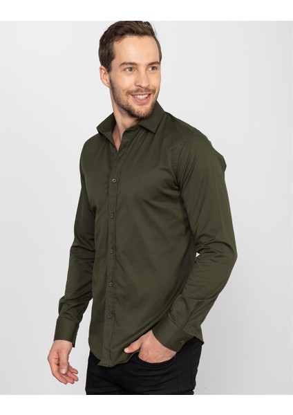 Slim Fit Likralı Düz saten Erkek Gömlek fiyatları