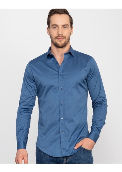 Slim Fit Likralı Düz Saten Erkek Gömlek