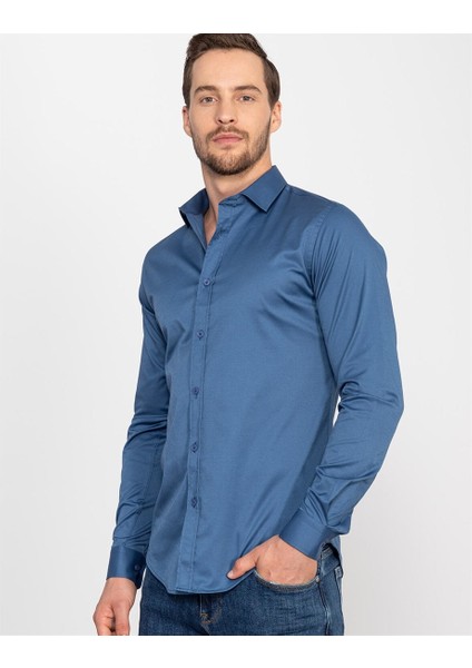 Slim Fit Likralı Düz Saten Erkek Gömlek