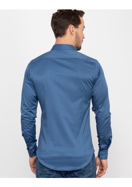 Slim Fit Likralı Düz Saten Erkek Gömlek