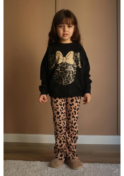 Mnn Fiyonk Leopar Desen 2 Iplik Kız çocuk takım - Siyah