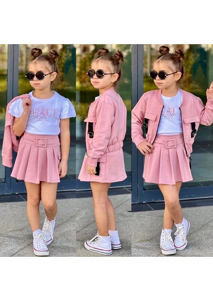 Arya Kids Kız Çocuk Pembe Pilili Etek Ceket Tişört 3'Lu Takım