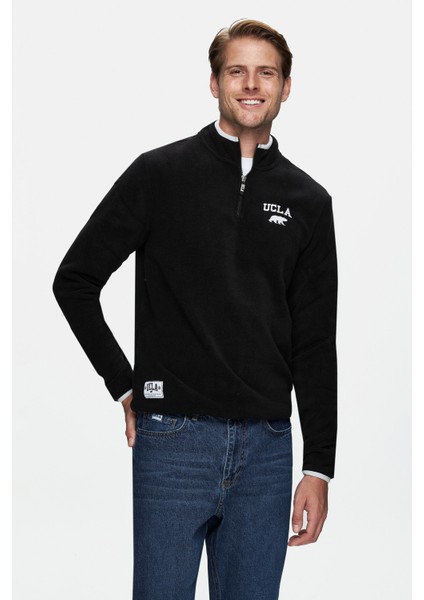 CORNING Siyah Yarım Fermuarlı Nakışlı Polar Standard Fit Erkek Sweatshirt