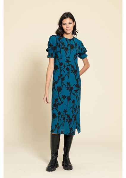 Kol Büzgülü Yırtmaçlı Çiçekli Saks Elbise indirimleri