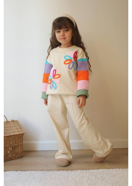 Örgü Kollu Çiçek Desen 2 Iplik Kız çocuk takım - Krem fiyatları