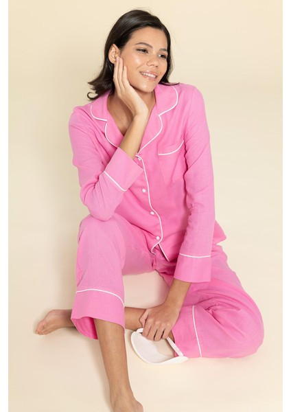 3'lü Organik Beyaz Biyeli Pembe Pijama Takımı