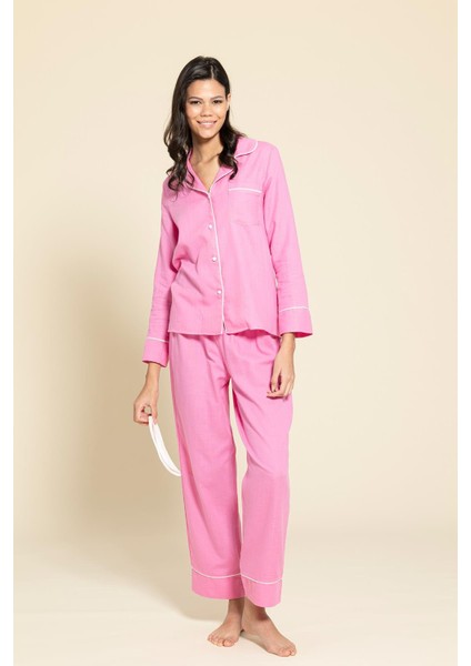 3'lü Organik Beyaz Biyeli Pembe Pijama Takımı