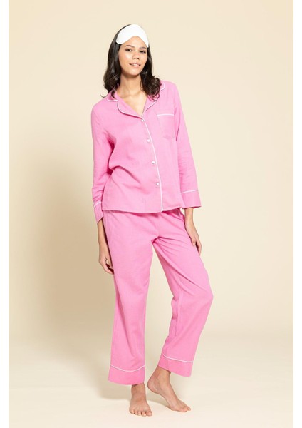 3'lü Organik Beyaz Biyeli Pembe Pijama Takımı