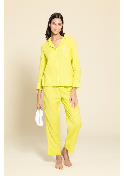 3'lü Organik Beyaz Biyeli Sarı Pijama Takımı