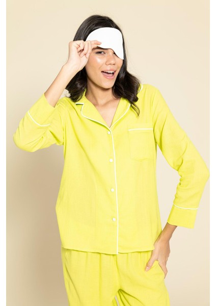 3'lü Organik Beyaz Biyeli Sarı Pijama Takımı