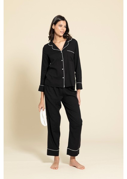 3'lü Organik Beyaz Biyeli Siyah Pijama Takımı